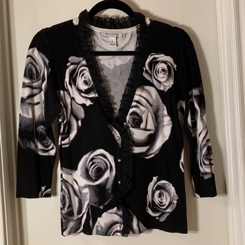 White House Black Market Black and White Floral Cardigan
